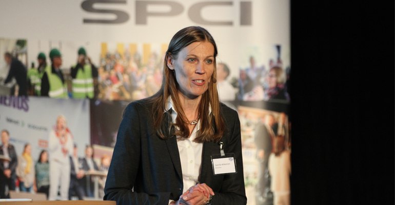 Camilla Wikström, Vice-President and Bioproduct Mill Manager for Metsä Fibre speaking about the Äänekoski “bioproduct” mill during the SPCI conference in Stockholm, Sweden.