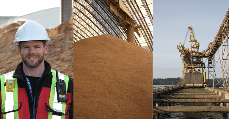 (Left) Aaron Crawford, Assistant Manager Fibreco. (centre) One of several pellet storage options (right) pellet shiploader.