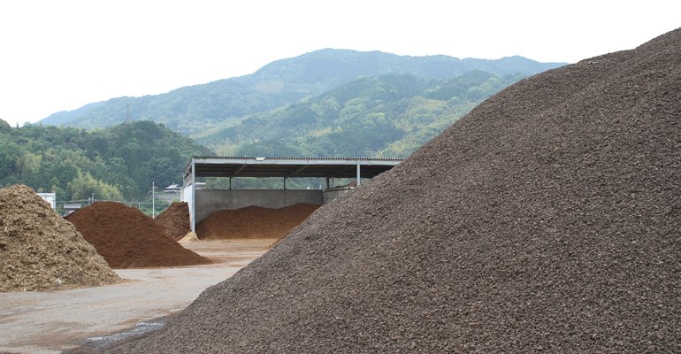 Biomass stockpiles at a Japanese power plant with PKS in the foreground. Imports of PKS has almost doubled year-on-year to just over 539 000 tonnes in the 2015-2016 fiscal year.