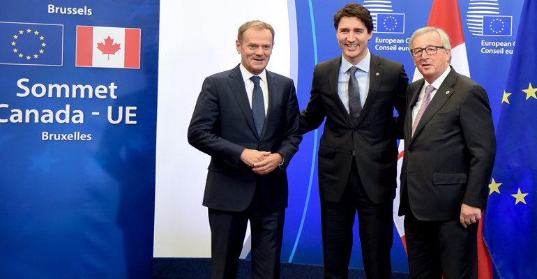 At the EU-Canada summit in Brussels (left to right) President of the European Council Donald Tusk, Canadian Prime Minister Justin Trudeau and President of the European Commission Jean-Claude Juncker (photo courtesy EC - Audiovisual Service). 