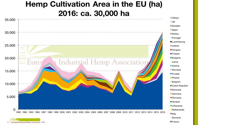 In 2016, ≈30 000 ha of industrial hemp was planted in the EU for the production of hemp fibres, shavings, seeds and cannabinoids (illustration courtesy EIHA).