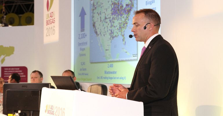 Patrick Serfass, Executive Director of the American Biogas Council (ABC) seen here speaking at the UK AD & Biogas event in July 2016.