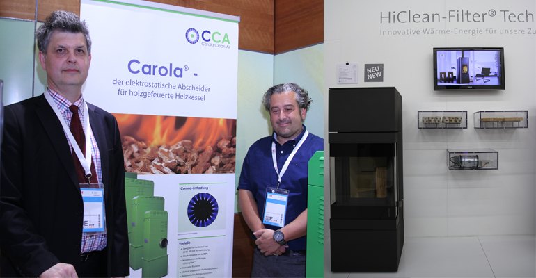 Carola Clean Air (CCA) showcased its ESP which is now commercially available. Wodtke (left) launched a pellet stove that can be equipped with a choice between two different ceramic filter principles.