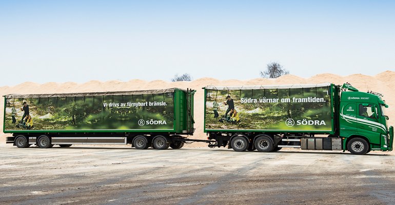 Södra has pledged fossil-free transports by 2030. It's own haulage fleet of 24 trucks runs on HVO (photo courtesy Södra).