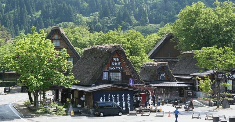 Traditional heritage classified Gasshō-zukuri buildings found in Gifu prefecture where snowfall is heavy.
