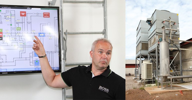Jan Thorbjörnsson, Halmstad Kylservice AB explaining the complex heat and cooling ﬂows at Wapnö. The CHP genset and ARP are located next to the dairy, a urea based agent is used to reduce NOx emissions.