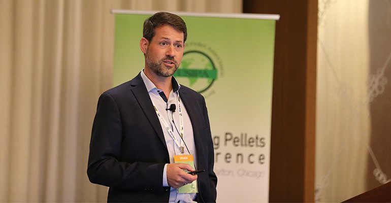 Carsten Huljus, CEO, Sustainable Biomass Program (SBP), here seen speaking during the USIPA 2018 conference in October 2018.