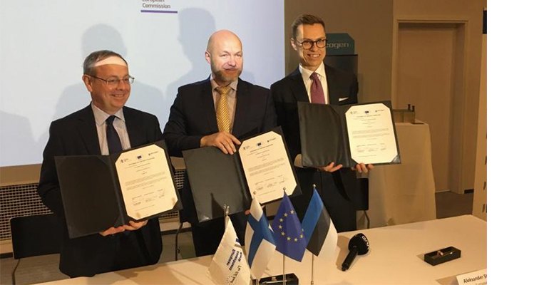 Carlos Moedas (left), European Commissioner for Research, Science, and Innovation. Enn Õunpuu, CEO Elogen and Alexander Stubb, Vice President EIB (photo courtesy EIB).
