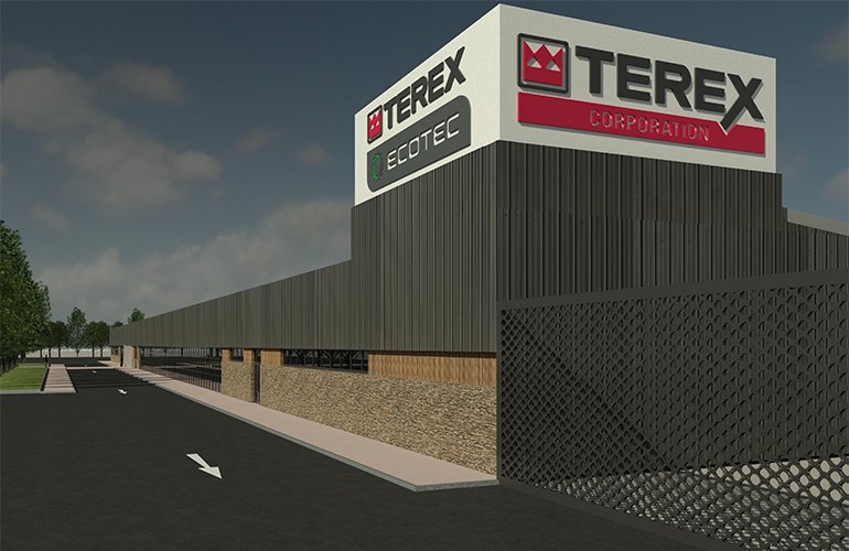 An artist's rendering of Terex Corporation's GBP12 million (≈ EUR 13.9 million) investment in a new manufacturing facility located in Derry, Northern Ireland. The new 105,000 square foot Campsie manufacturing facility will focus on the design, manufacture, and development of Terex Ecotec waste management and recycling equipment and Terex Conveying Systems (TCS) mobile conveying product lines (image courtesy Terex).