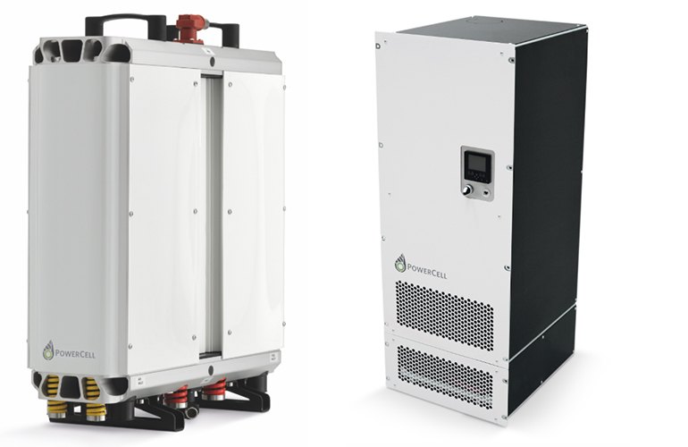 A PowerCell S2 stack (left) and a PS-5 fuel cell system (photos courtesy PowerCell Sweden).
