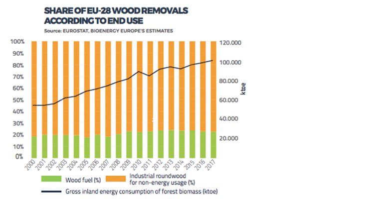 Share of EU-28 wood removals according to end use (graphic courtesy Bioenergy Europe).