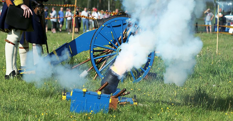 The historical re-enactment society Smålands Karoline to fire cannon salute to mark the opening of SkogsElmia 2019 forestry tradeshow on June 6, in Sweden.