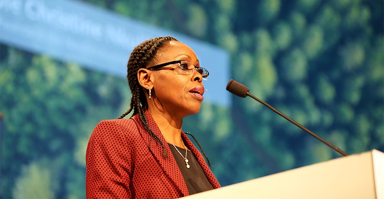 Ambassador of Rwanda to the Nordic countries Christine Nkulikiyinka addresses delegates during World Water Week 2018.