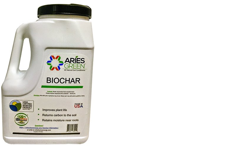 Aries Clean Energy has launched its Aries GREEN biochar for retail. A 1 gallon (US) jug with shaker lid (photo courtesy Aries Clean Energy).