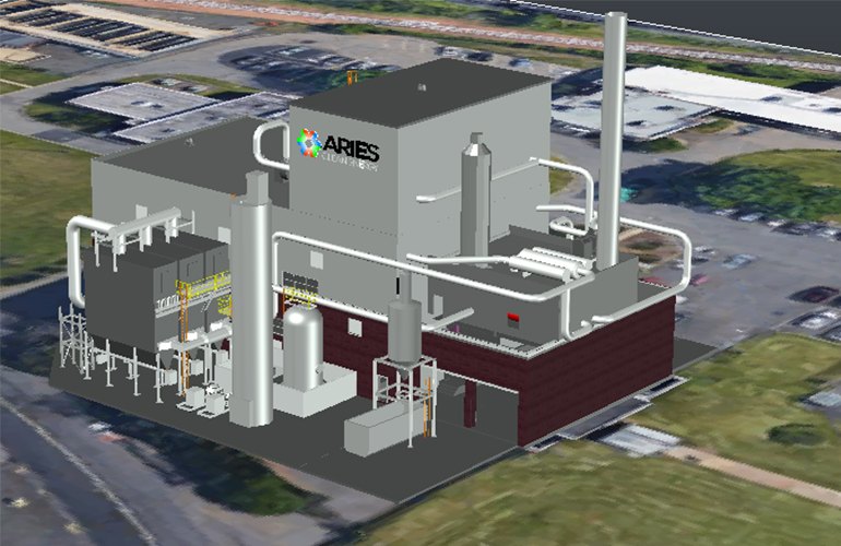 An artist's rendering of the Aries Linden Biosolids Gasification Facility that is planned to be built in a re-purposed building within the Linden Roselle Sewerage Authority (LRSA) complex in Linden, New Jersey (NJ). The project, the world's largest biosolids only gasification plant, has completed environmental permitting and will reduce 400 tons/day of biosolids into 22 tons/day biochar that will be used as a fly ash substitute in concrete (image courtesy Aries Clean Energy).