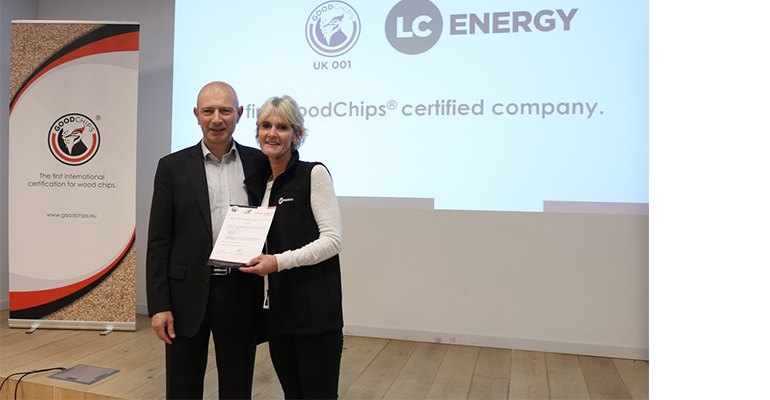 Jean-Marc Jossart (left) Secretary-General, Bioenergy Europe welcomes Lucy Clark, Operations Director LC Energy as the world's first GoodChips certified company (photo courtesy Bioenergy Europe).