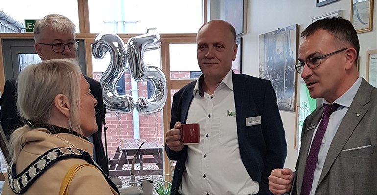 Bev Duffy, Mayor of Whitchurch with Paul Davies (right) Thorkild Maagaard (left) and Steen Larsen (photo courtesy Landia).